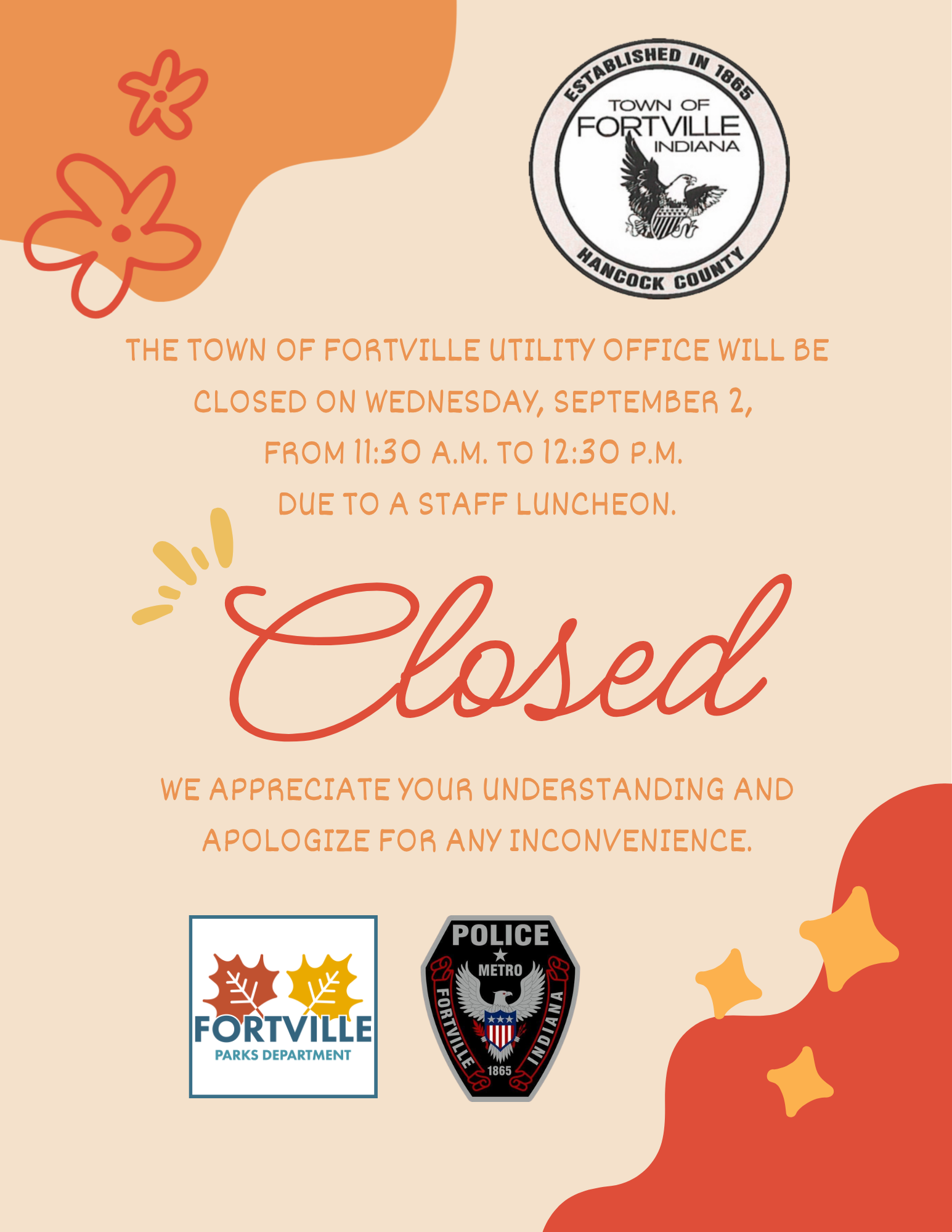 Town Utility Office will be Closed from 11:30 am - 12:30 pm on Wed. Sept. 2nd